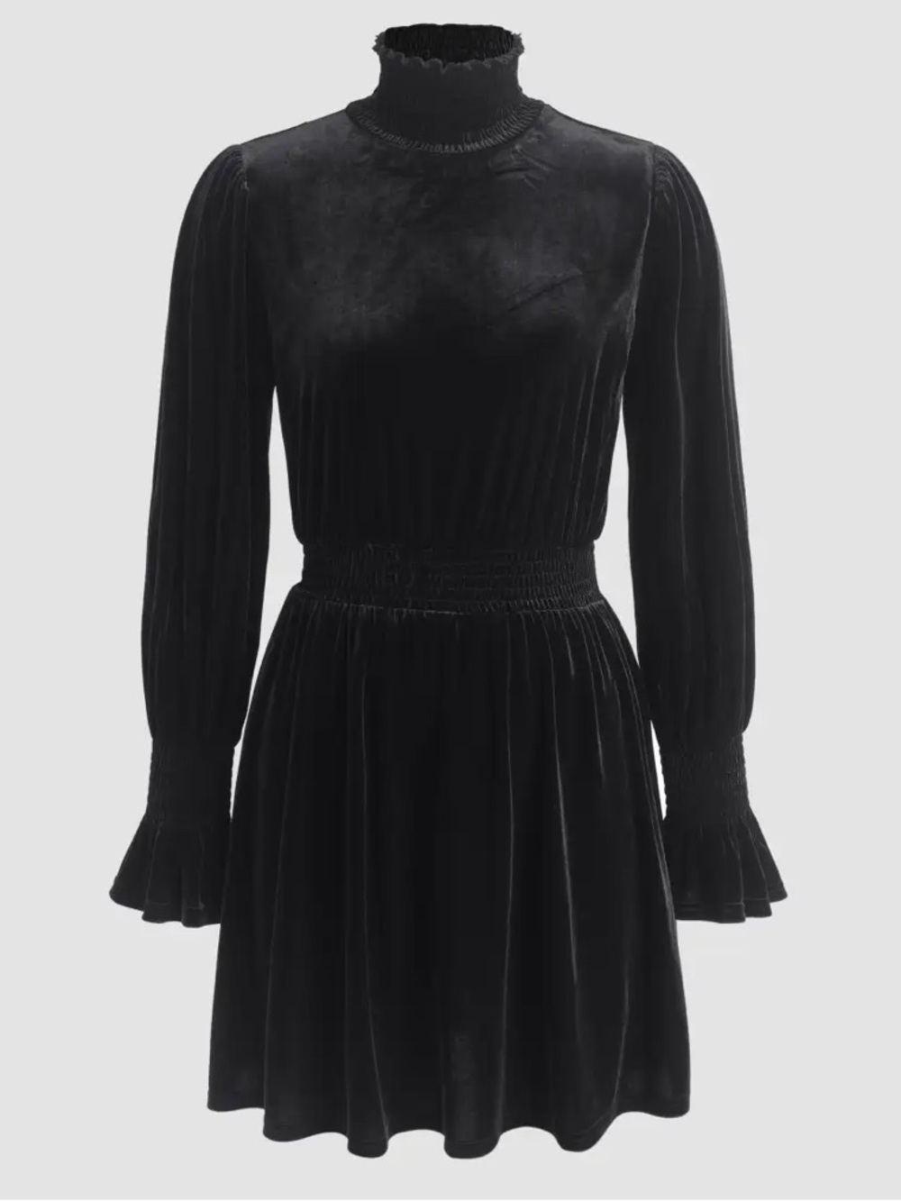 High Neck Velvet Shirred Dress - Black